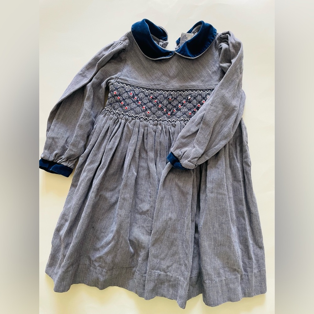 Vintage Blue Gray Smocked Long-Sleeve Kids Dress